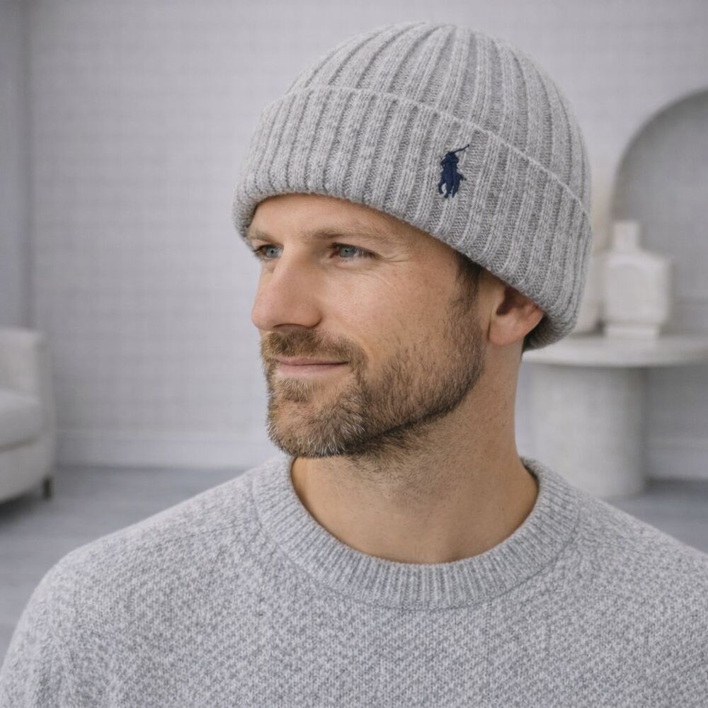 POLO RALPH LAUREN New Heather Gray Rib Knit Wool Blend Beanie Hat One Size